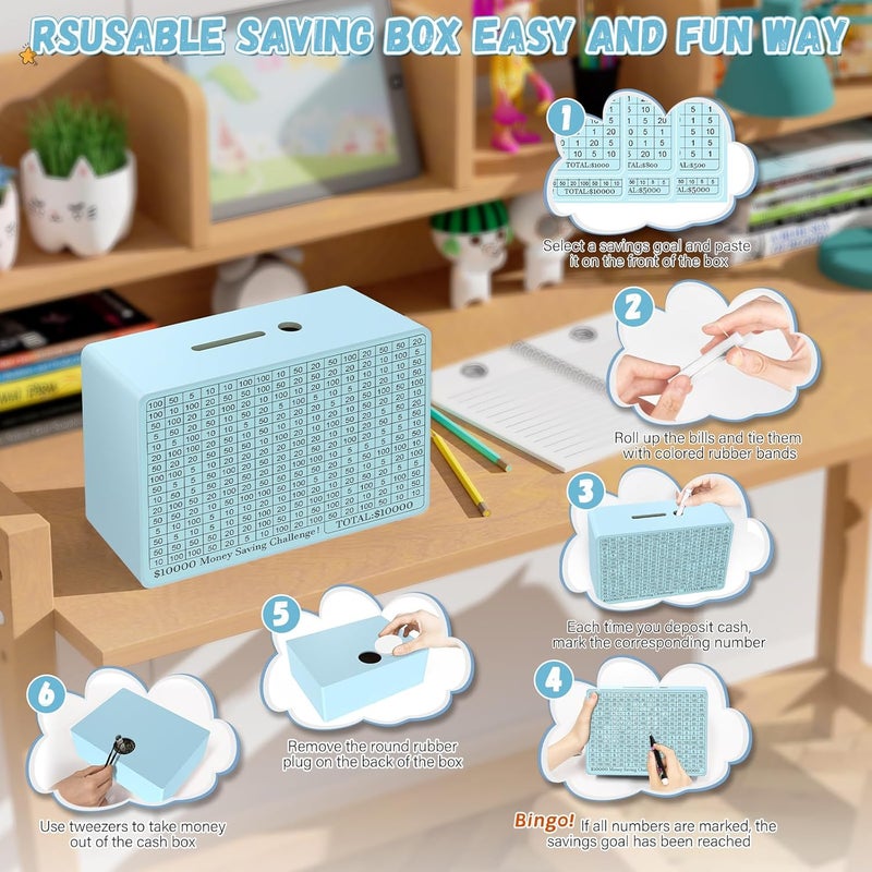 Gomyrod Wooden Money Saving Box, Cash Vault Savings Box for $10000 $5000 $3000 $1000 $800 $500 Target Money Saving Challenge, Reusable Money Box with Counter, Dry Erase Pen/Savings Trackers/Rubber Band-Blue - Image 4